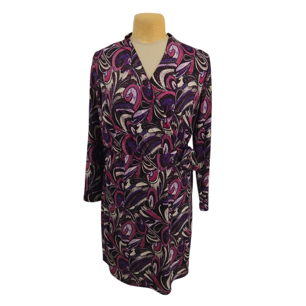 Ellen Parker Faux Wrap Dress XL Purple Paisley Long Sleeve Stretch Office Modest
